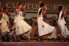 Le ballerine Tharu si esibiscono in una danza tradizionale che prende il nome di Sakhia Naach: ballano seguendo il ritmo della musica in tondo battendo le mani e ruotando su stesse. Villaggio di Sauraha, Chitwan National Park, Nepal 2018.
