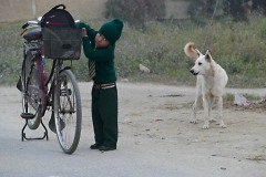 Ritratto di un bambino Tharu in divisa appena rientrato dalla scuola con il papà che lo ha accompagnato a casa con la bicicletta: sta cercando qualcosa dentro il suo zaino che è rimasto nel cestino della due ruote, ma con disappunto non lo trova. Il suo nome è Niraj Sah ed ha 8 anni. Villaggio di Bacchauli, Nepal 2018.