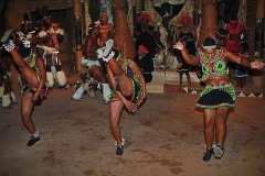 Le giovani donne Zulu con i tipici vestiti impreziositi dalle perline multicolori, muovono passi di danza "Ukusina", alzando alternativamente le gambe in alto sin oltre la propria testa. Danza legata alla cerimonia "Umemulo" che celebra il passaggio della giovane donna Zulu alla maggiore età ed alla possibilità di sposarsi e di procreare. Il rituale prevede anche la macellazione di una mucca che viene offerta a tutti gli abitanti del villaggio che, da parte loro donano denaro e benedizioni alla giovane donna. Villaggio di Shakaland, Provincia del KwaZulu-Natal, Sud africa 2012