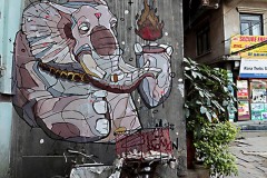 A 800 metri dalla Durbar Square (un tempo in questa piazza di Kathmandu venivano incoronati e legittimati i sovrani della città) scopro questo originale affresco murale riproducente un elefante che porge un'anfora contenente il fuoco sacro. Nella vicina Basantapur Square sorgevano anticamente le stalle reali per gli elefanti e, probabilmente, questo dipinto è stato realizzato in loro onore. Kathmandu, Nepal 2018