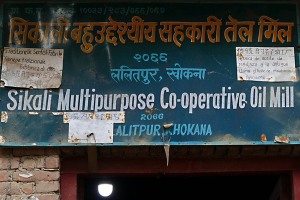 L'insegna della fabbrica di estrazione dell'olio di senape nel villaggio di Khokanà, Nepal 2018.