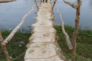 Un ponte in legno (cosparso di sacchi di sabbia) unisce le due sponde del fiume Rapti, Chitwan National Park, Nepal 2018.