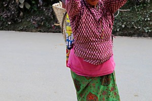 Una donna appartenente all'etnia degli Sherpa porta mediante il "Doko" (la grande cesta issata sulle spalle e ancorata alla fronte con una lunga fascia) una bombola del gas piena: oltre 60 kg. di peso! Villaggio di Bandipur, Nepal 2018