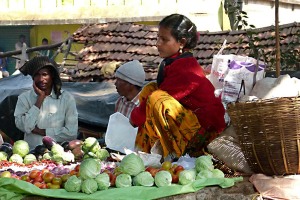 Nel villaggio di Kakkabe i contadini propongono direttamente i prodotti da loro coltivati:pomodori, cavolfiori, cipolle, aglio e via dicendo. Distretto di Kodagu, Regione del Karnataka, India 2015.