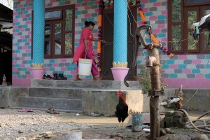 Una tipica casa di una famiglia Tharu (naturalmente moderna): questa etnia vivena in capanne con pareti perimetrali a graticcio e tetto in paglia. Sono ormai sempre più rare questo tipo di abitazioni, sostituite in larga parte da nuovi edifici. Le loro credenze religiose restano per lo più animiste e prevedono il culto degli spiriti della foresta e delle Divinità ancestrali, anche se l'hinduismo esercita un'influenza sempre maggiore. Nepal 2018.