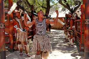 Danza di benvenuto "Ngoma" dei guerrieri Zulu nel Villaggio Aha Lesedi; Sud Africa 2012