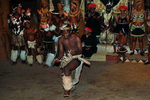 Assolo di un ballerino Zulu che interpreta la danza tradizionale "Indlamu", Villaggio Shakaland, Provincia del KwaZulu-Natal, Sud Africa 2012