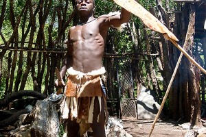 L'iniziale ostilità di questo giovane guerriero Zulu che impugna minaccioso la sua corta lancia da combattimento ("Assegai") ed il suo grande scudo in pelle di vacca riforzato con un lungo bastone dal legno robustissimo ("Isihlangu"), svanisce appena si rende conto che non ho intenzioni bellicose, Villaggio Lesedi, Sud Africa 2012