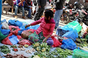 Seduta su una stuoia a terra questa donna nepalese offre i prodotti ortofrutticoli della sua terra nell'affollatissimo Mercato di Durbar Square: sono le donne a gestire questi improvvisati banchetti in quasi tutto il Paese, Nepal 2018