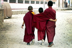 Tre novizi si abbracciano passeggiando mentre rientrano nel Monastero "Vishwa Shanti Vihar" di Kathmandu: la vita nei monasteri buddisti è scandita dallo studio e dalla disciplina, si medita per raggiungere la saggezza ed il non attaccamento riguardo tutte le cose che generano desiderio e sofferenza per giungere allo stato di illuminazione. Questi bambini, tutti rigorosamente maschi, studiano prima di prendere ufficialmente i voti all'età di 12 anni. La religione buddista si fonda principalmente sul concetto di liberazione dalla sofferenza che ha come fine il raggiungimento del "nirvana": cioè l'illuminazione e di conseguenza la liberazione dal ciclo infinito delle rinascite.Nepal 2018