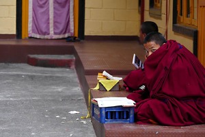 Nel cortile del Gompa Jangchub Choeling, un Tempio Buddhista nel Villaggio di Tashi Palhel, un monaco intento a studiare viene distratto dalla presenza della mia macchina fotografica che lo riprende, Pokhara, Nepal 2018.