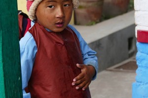 Un bambino nepalese di nome Hari ("leone", come il soprannome del Dio Vishnu), appartenente alla casta dei Vaisya (commercianti ed agricoltori), ha appena terminato il pasto nella mensa della scuola Shree Bal Biskosh Basic ed indossa ancora il grembiule smanicato sopra la divisa. Kathmandu, Nepal 2018.